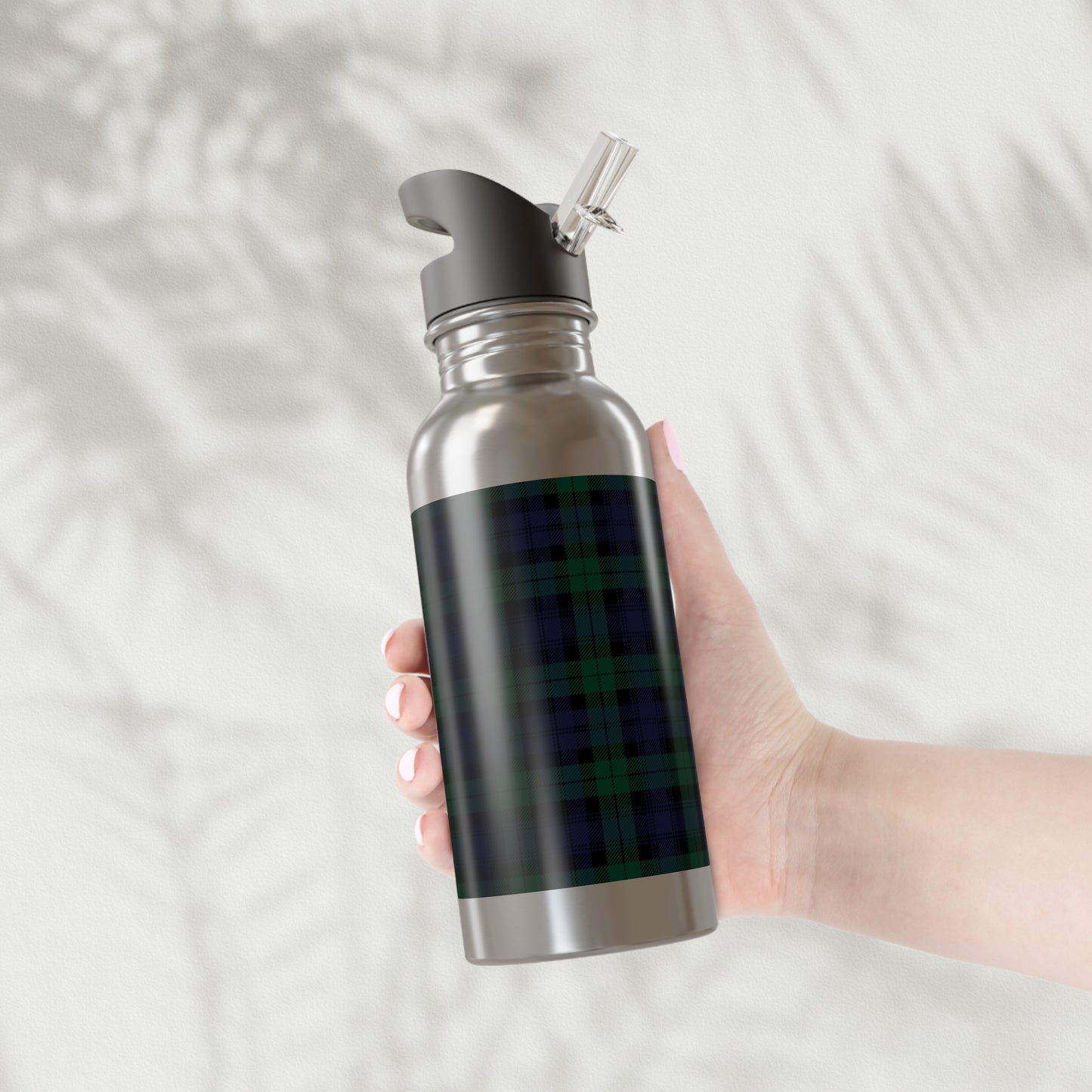 True Holiday Black Watch Tartan Plaid Stainless Steel Water Bottle With Straw, 20oz
