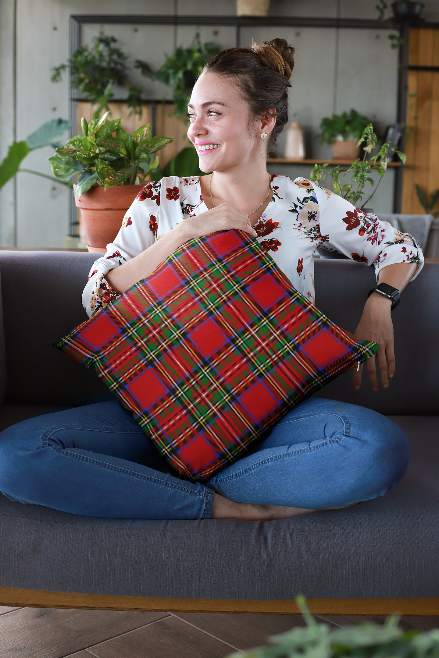 True Holiday Royal Stewart Tartan Plaid 18" Square Throw Pillow