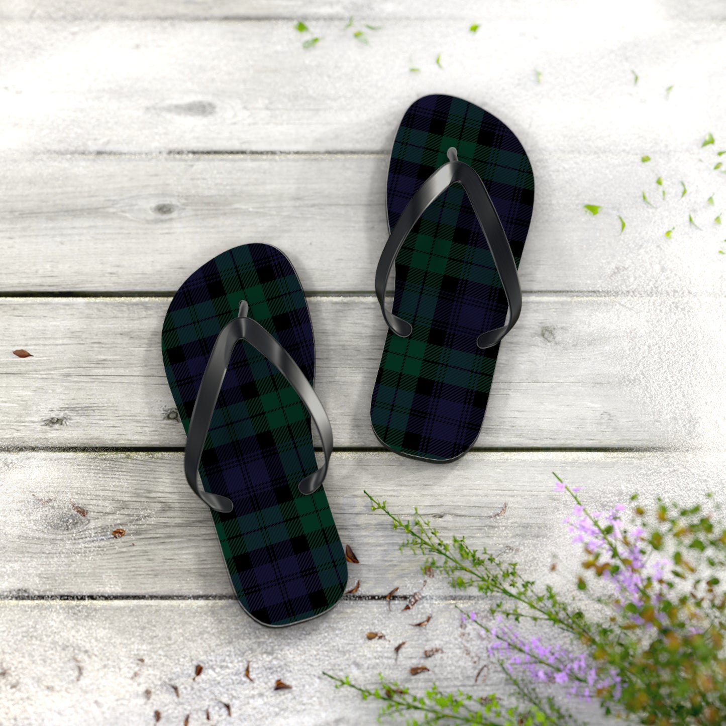 True Holiday Black Watch Tartan Plaid Flip Flops