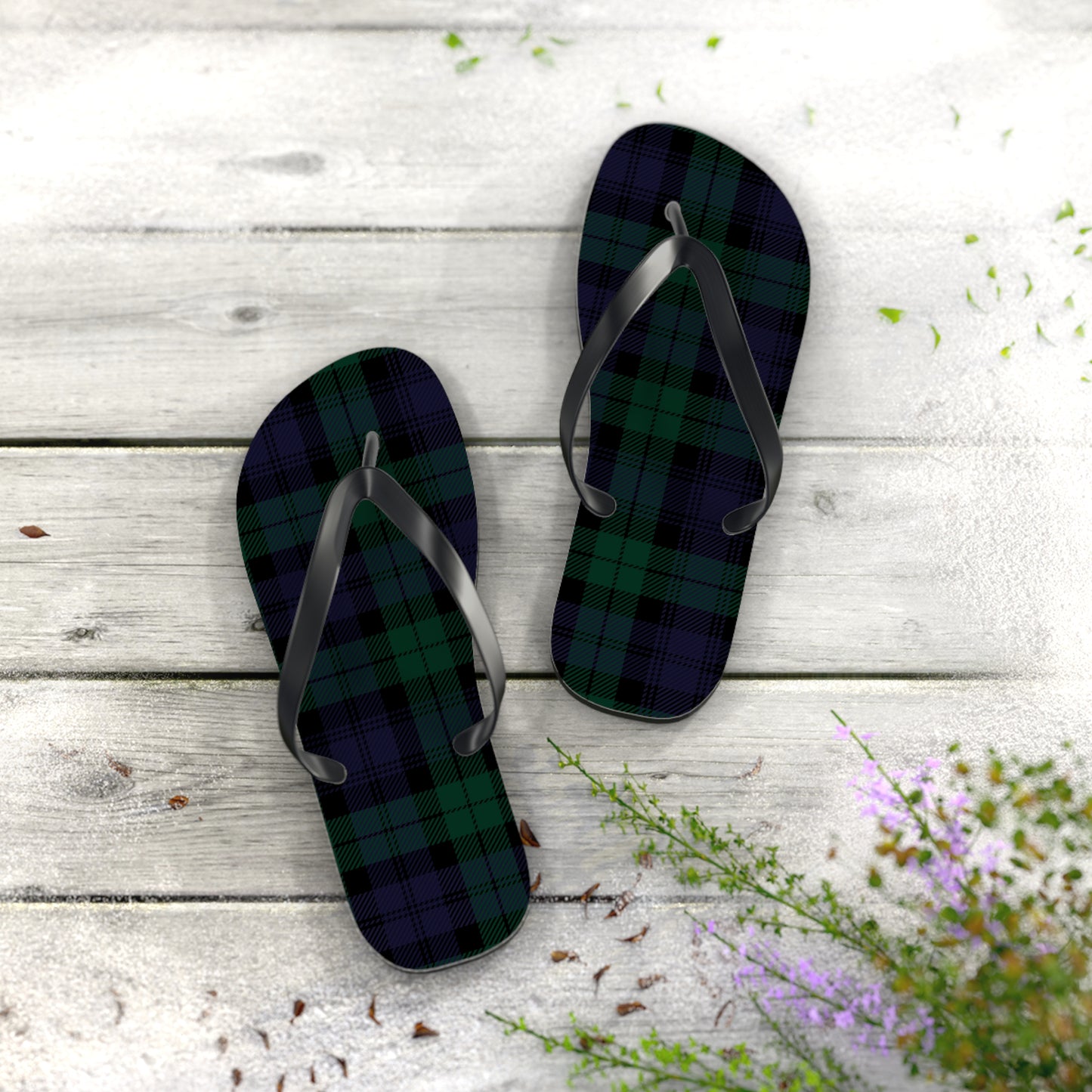 True Holiday Black Watch Tartan Plaid Flip Flops